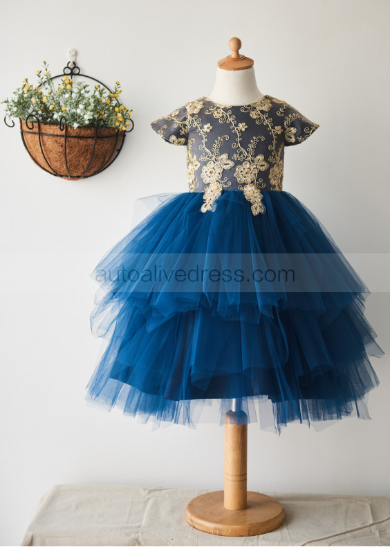 Cap Sleeves Gold Lace Navy Blue Tulle Tea Length Flower Girl Dress